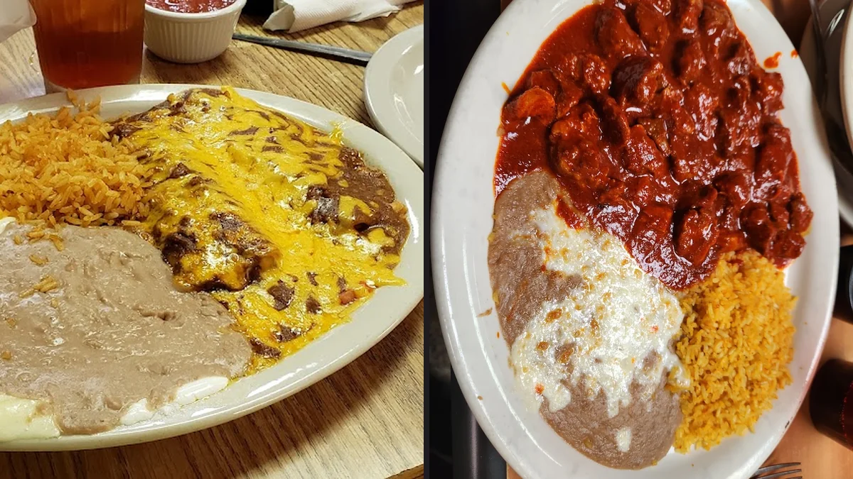 Colorful Mexican plates on a restaurant table.